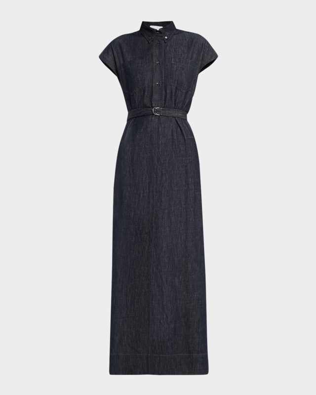 Cap-Sleeve Belted Indigo Midi Shirtdress